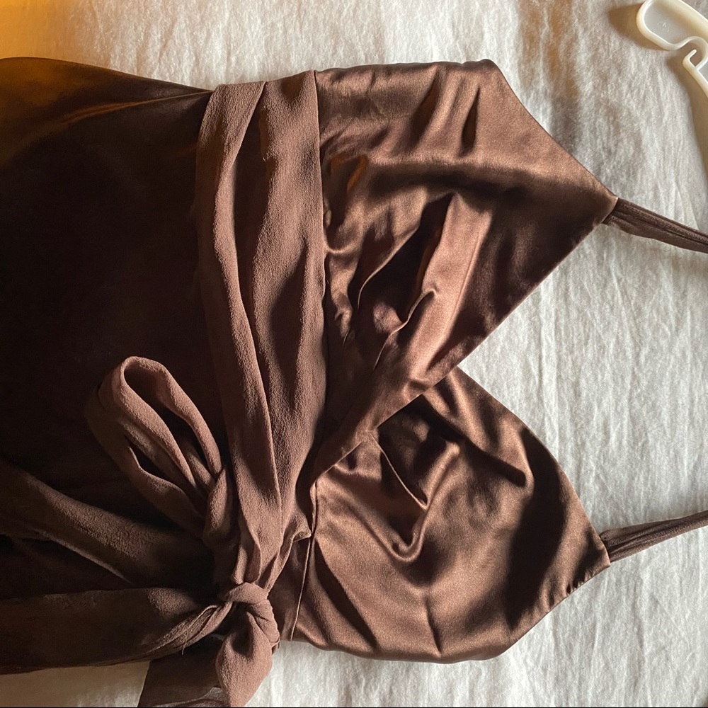 BCBG MaxAzria brown silk and chiffon hi/lo dress